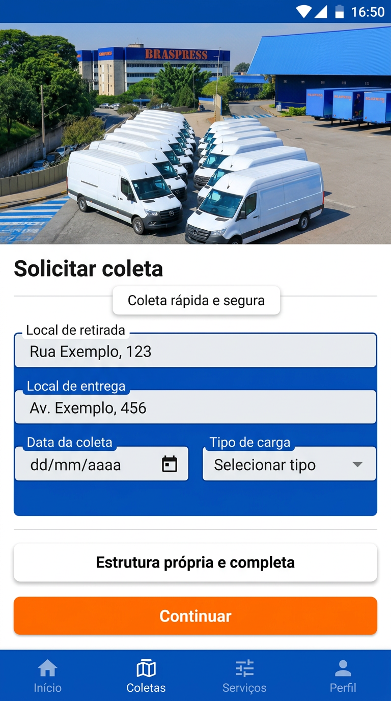 Tela para solicitar coleta com a estrutura da Braspress
