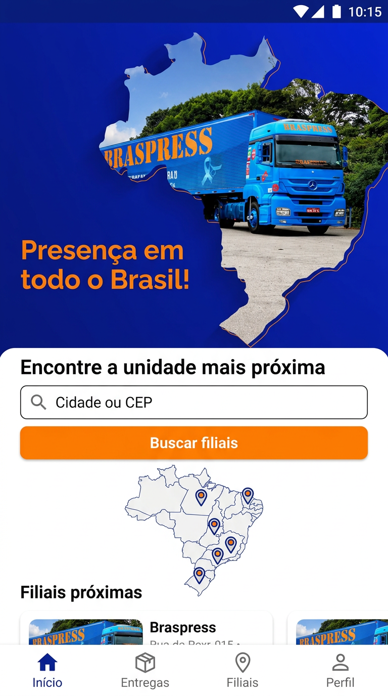 Tela para localizar filiais da Braspress em todo o Brasil